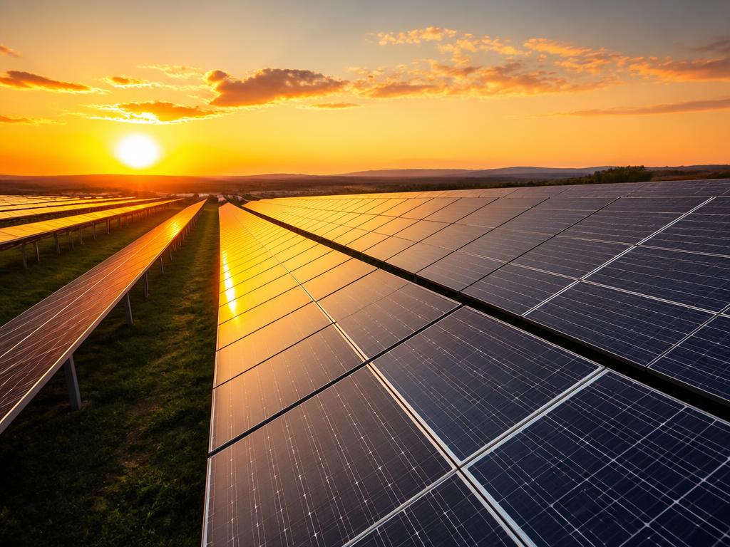 Parque solar fotovoltaico de gran escala al atardecer
